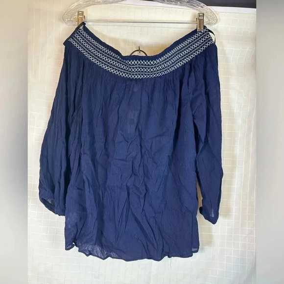 GAP Blouse Denim Blue Embroidered Peasant Off The Shoulder Boho Womens Sz M NWT - Picture 2 of 4